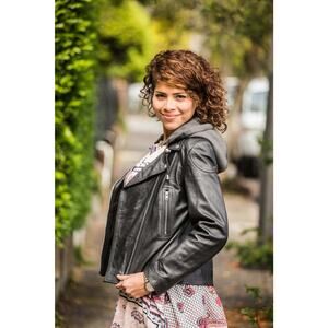Distressed Biker Black Leather Jacket w/ Hoody Silver Studed Zippered Chrissie